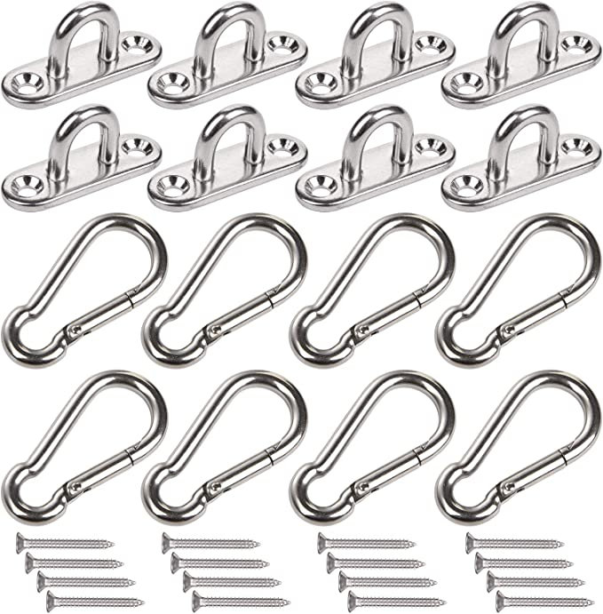 8 PCS Stainless Steel Pad Eye Plate U Hooks + Snap Hooks